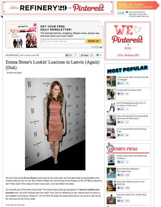 Refinery29.com, Emma Stone in Lanvin at the W Magazine pre Globes Party
